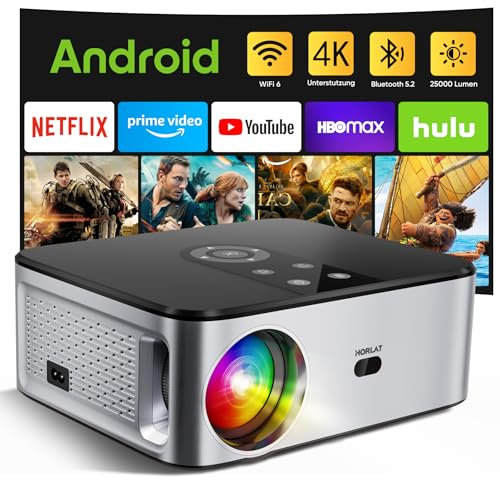 HORLAT Beamer 4K Heimkino 25000 Lumen, Full HD 1080P, WiFi 6 Bluetooth Projektor, Auto/4P Trapezkorrektur, 50% Zoom,smart Projector für Smartphone/TV Stick