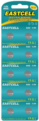 EASTCELL Pilas de botón alcalinas AG2, 1,5 V, LR726, 396A, G2, SR726, 10 unidades en blíster, 28 mAh, para relojes, calculadoras y pequeños electrodomésticos