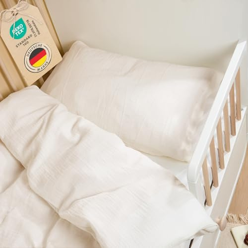 Laleni Linge de lit Enfant 100x135 cm en Coton | Mousseline Oeko-TEX certifié Linge de lit été Vert 40x60 taie d'oreiller