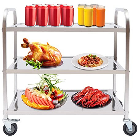 VonVVer 3 Etagen Servierwagen 75x40x83.5cm - Küchenwagen Transportwagen Edelstahl mit 360° drehbare Rollen für Restaurant Küchen Hotel Rollwagen Teewagen