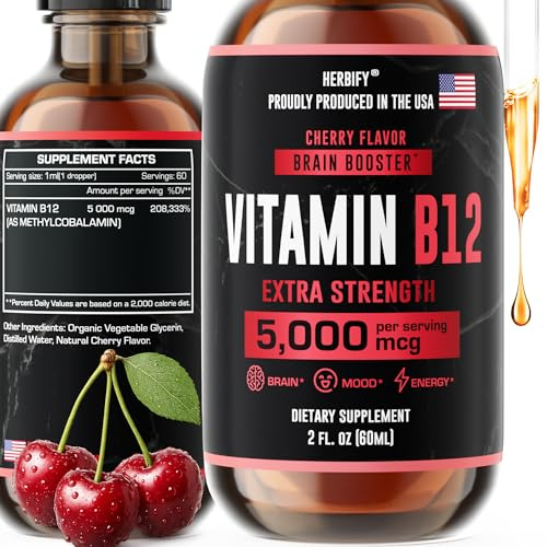 HERBIFY Vitamin B12 Methylated Multivitamin Energy Supplements for Women & Men - Liquid B12 Vitamins 5000 Mcg Methylcobalamin - Energy Support and Immune Health Liquid Vitamin - 30 Days Supply - 2 Oz