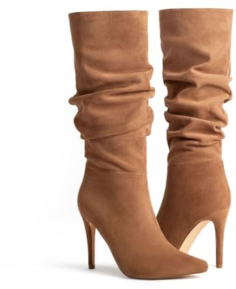 Hykytyhk Stivali alti al ginocchio da donna a punta a stiletto tacco alto slouchy camoscio stivali alti, Marrone, 39 EU