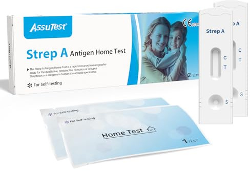 AssuTest Streptokokken Schnelltest Haus-Selbsttest-Kit Schneller Streptokokken-Hals-Test-Kit 2 Tests zum Nachweis von Gruppe A Streptokokken-Antigen Schnell und genau Einfach zu folgen Selbsttest-Kit