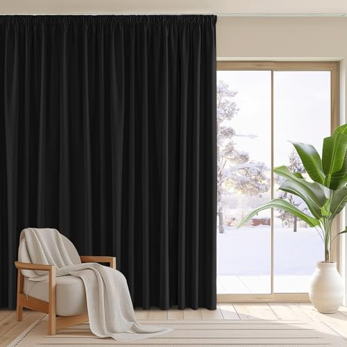 PONY DANCE Blackout Thermal Insulated Curtain Extra Wide Drape for Room Divider 118 x 102 Inch Black Out Pencil Pleat Privacy Protection Curtain for Bedroom Living Room, 1 Panel, Black