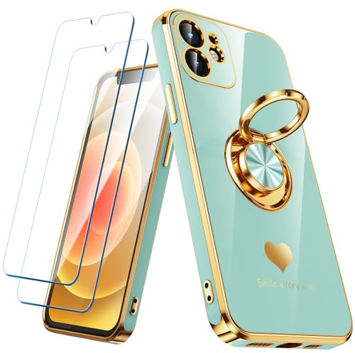 Nonional Compatible for iPhone 11 Case with 2 Pack Screen Protector, 360° Rotatable Ring Holder [Luxury Hearts Pattern] Plating Gold Edge Slim Soft Phone Cover Case for iPhone 11 - Mint