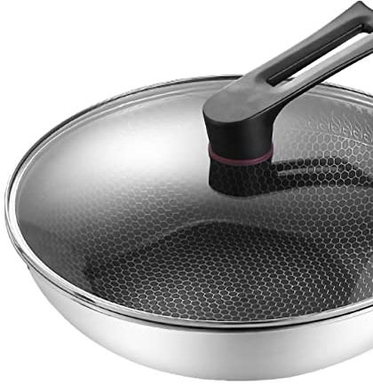 Wok, Wok-Pfanne mit Geschnitzter Mikrogravur, 3-lagiger Doppelseitiger Waben-Edelstahl-Wok für die Küche (32 cm (mit Deckel und ohne Ohren))