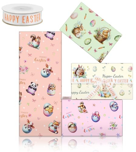 Ostergeschenkpapier für Kinder und Erwachsene, 4 Bögen Ostereier mit Häschen Küken Frosch Panda Blume Tier Geschenkpapier für Frohe Ostern, Feiertage, Frühlingspartys, Geschenkpapier,70x50cm