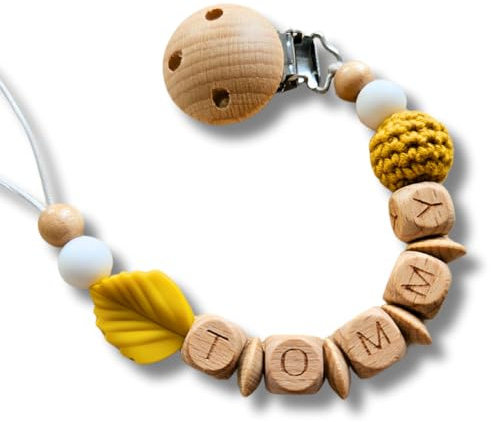 Lovely Personalisiertes Baby Geschenk, Mädchen/Junge, Schnullerkettchen mit Name, Schnullerband, verschiedene Farb-Varianten (4.Senfgelb)