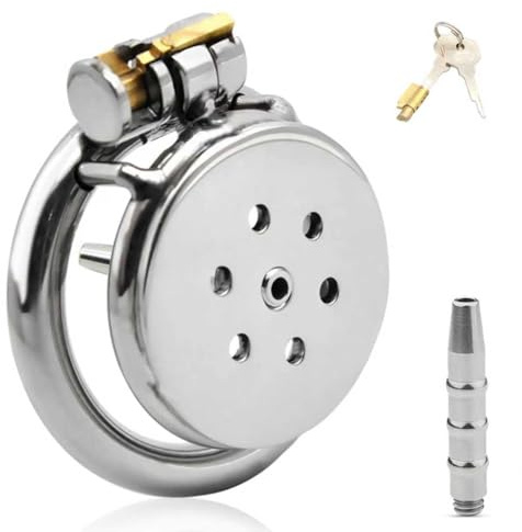 BDSMJOY Peniskäfig Dilatatoren,Keuschheitskäfig Keuschheitsgürtel (L，50mm) | Flat Chastity Cage Male Metall mit Dilator Harnröhre Edelstahl Penis Plug,Mini Cock Cage BDSM Set für Herren Extrem