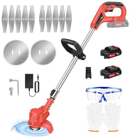 21V Coupe Bordure sans Fil avec Batterie, Coupe-Herbe électrique,Débroussailleuse à Gazon sans balais,Tête Orientable à 90°, Hauteur Réglable(2xbatteries /Rouge)