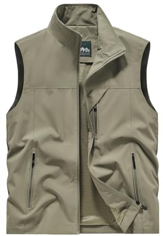 Vanchenl Gilet cargo léger à séchage rapide pour homme - Gilet cargo - Sans manches - Pour la pêche, le safari, la chasse, le camping, les voyages - Avec poches, kaki, L