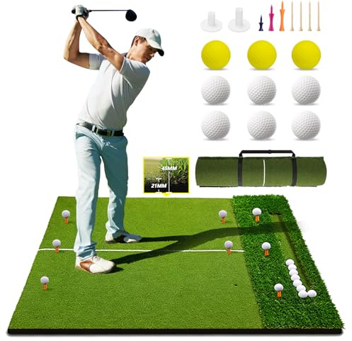 TTCBSPORTS Golf Hitting Mat with Dual Turf & Ball Tray, 5x4FT Golf Practice Mat for Indoor Outdoor Garden, Golf Driving Mats for Training Includes 9 Balls & 9 Tees, Gifts for Men/Golfer