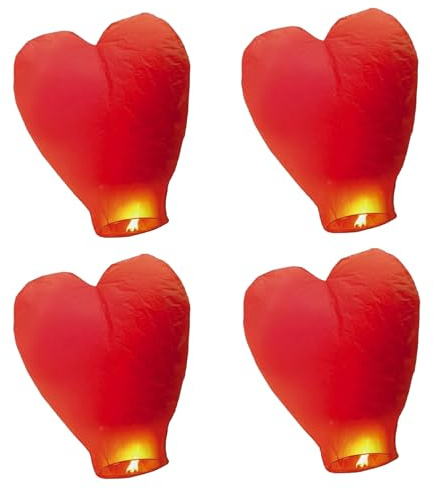 4 Pack Sky Chinese Lanterns, Red Heart Shape Chinese Sky Lanterns, Fireproof Paper Lantern, Lantern to Release in Memory for Birthday Wedding New Year and All Celebrations