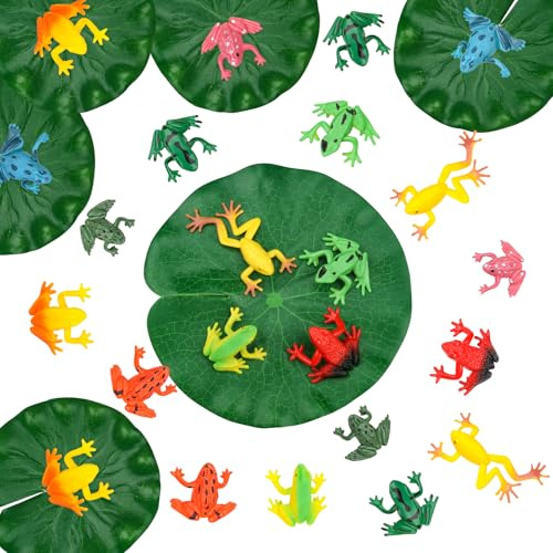 DOITEM 30 Pieces Mini Plastic Frog Toys and Artificial Lily Pads, Include Colorful Realistic Frogs Rainforest Animals Figures Character Toys and Floating Foam Leaves for Pool Decor Party Favor