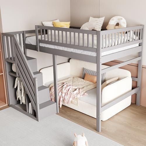 Oxtao Etagenbett 140x200, Kinderbett Hochbett mit Treppe und Aufbewahrungsschrank, Funktionsbett Doppelbett Stockbett Spielbett Kinderhochbett Jugendhochbett mit Lattenrost(Grau, 140x200CM)