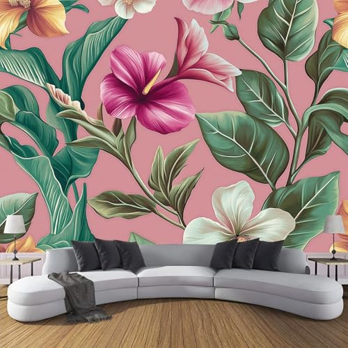 CDXNORA Seidentapeten Rot 150×105cm Tropische Blumen Tapete Wandtapete Wanddeko Orchideen-Hibiskusblüte Mustertapete Wand Dekoration Wohnzimmer Schlafzimmer Büro Flur
