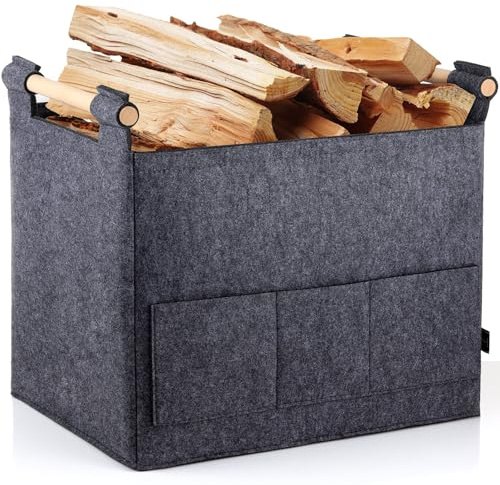 BONTHEE Cestino in feltro per legna da ardere, 44 x 25 x 34 cm, pieghevole con manici rinforzati, grigio (grigio)