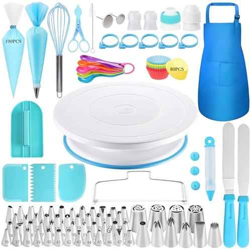 Ideal Swan Torten Zubehör Set 286-teiliges – Tortenplatte Drehbar mit Spritztüllen Set, Drehbare Tortenplatte Backset, Backzubehör für Torten, Kuchen Dekorieren Zubehör Kit für Anfänger und Profis