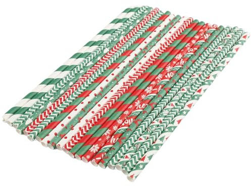 Hopzab 50 PCS Christmas Paper Straws Biodegradable Red & Green Xmas Drinking Straws with Snowflake, Christmas Tree,Polka Dot & Stripe Designs Holiday Party Tableware for Drinks & Decorations