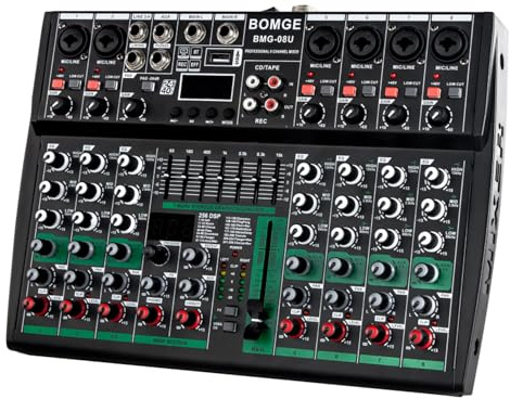BOMGE Console audio professionale con interfaccia a 8 canali, USB, Bluetooth, MP3, ingresso computer 48 V, alimentazione phantom stereo, DJ Studio FX 256 bit DSP, per professionisti e principianti