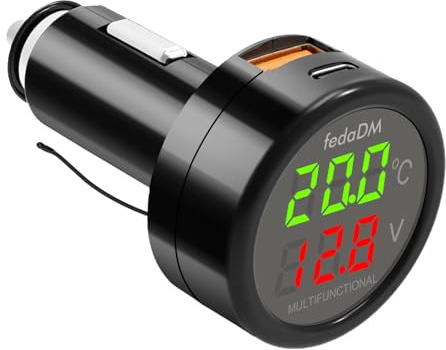 Dexumodbk 3 in 1 USB C Auto Ladegerät 12V Voltmeter Thermometer Digital Anzeige Temperaturtester Batteriewächter, PD & USB Auto Zigarettenanzünder Ladegerät Port für 12V-24V SUV LKW Wohnmobil