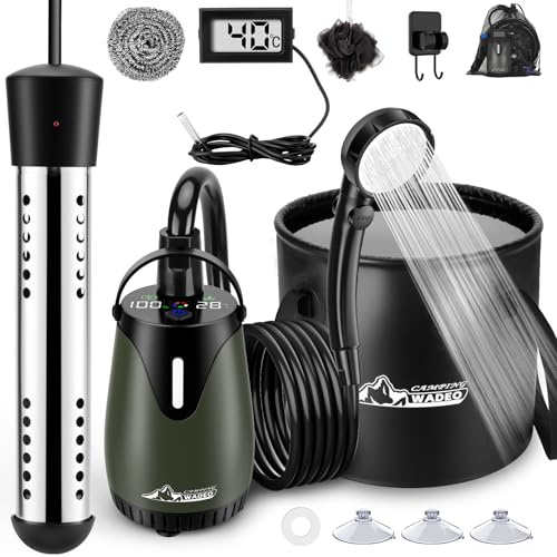 WADEO Campingdusche akku [6000 mAh] mit Pumpe und Tauchsieder, Duschpumpe-Set mit Heizfunktion und 20l Wasserbehälter, wasserdichte Outdoor-Campingpumpe für Reisen Garten Wandern Autowaschen Notfälle