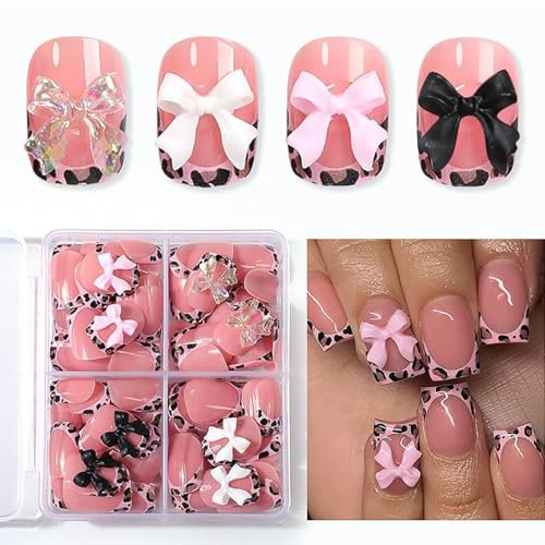 TESGADGETS Set da 96 Pezzi di Unghie Finte con Design French Tip, Unghie Corte Quadrate con Motivo Leopardato Rosa, Decorazioni con Fiocchi e Manicure