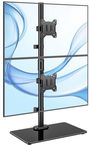 monTEK Vertical Dual Monitor Stand with Glass Base for 17-32 inch Screens | Max Load 10KG per Arm, Stable Free-Standing Desk Mount Arm Riser, Fully Motion Height Adjustable, VESA 75/100 MM