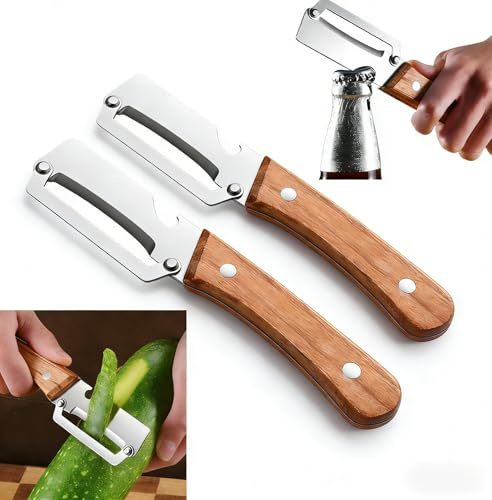 Multifunctional Vegetable Peeler for Kitchen, 2026 New 2-in-1 Ultra-Sharp Stainless Steel Peelers for Kitchen with Wooden Handle & Bottle Opener for Vegetables or Fruits that Need to Be Peeled (2Pcs)
