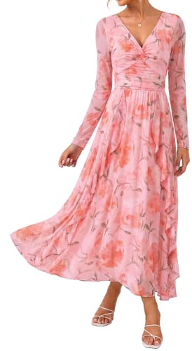 GRACE KARIN Women Dresses Long Sleeve V Neck Floral Dress Party Wedding