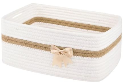 FccsiKoa Cesta de Almacenamiento Festiva Cesto Organizador Canasta de Cuerda Tejido Contenedor de Algodón con Esquinas Suaves y Asa Integrada Adecuada para, Blanco, Beige, Moderno Sencillo