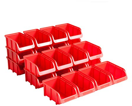 Hünersdorff Kit 24 gavetas de almacenamiento apilables, Cajas de almacenaje, Organizador para herramientas, gran estabilidad dimensional y capacidad de carga,de polipropileno (PP), tamaño 2, rojo
