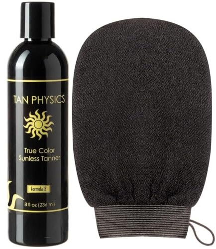 Tan Physics Sunless Tanner 8oz with Exfoliation Mitt– Self Tanning Lotion – Instant Tanning Lotion for Face & Body – Natural Self Tanner for a Streak-Free, Long-Lasting Glow
