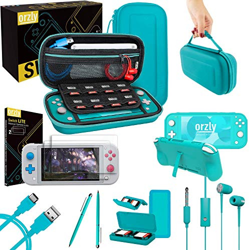 Orzly Switch Lite Accessoire pour Nintendo Switch Lite étui et Protecteur d'écran Coque Prise Confortable Housse (Etui Rigide) écouteuses Câble Type C Turquoise Bleu Jaune Corail Gris Coffret Cadeau
