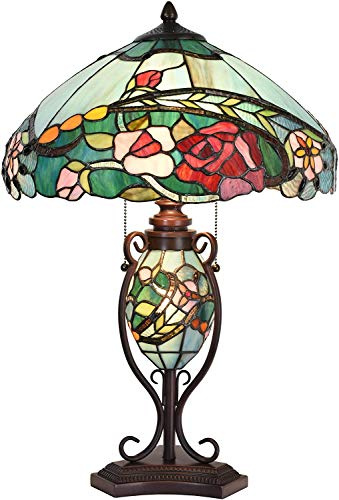 Bieye L30738 Rose Flower Tiffany Style Stained Glass Table Lamp with 16-inch Wide Lampshade Lighted Base, 24-inch Tall