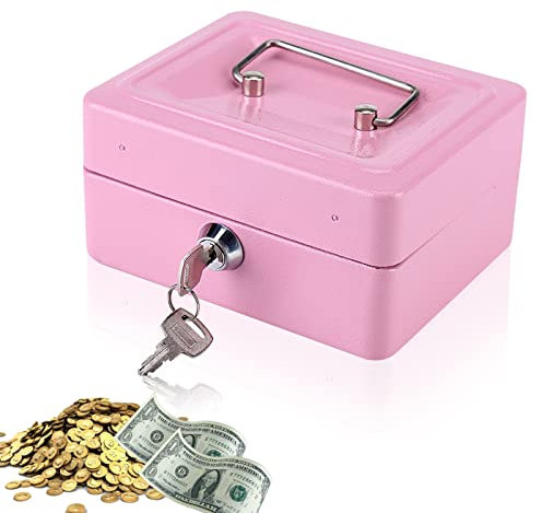 Cash Box and Banknotes, Secure Key Box Metal Small Double Layer Safe with 6 Compartments with 2 Keys, 15 x 12 x 7.5 cm