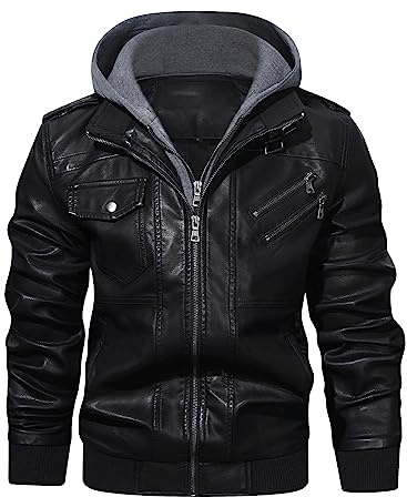 HOOD CREW Men’s PU Faux Leather Motorcycle Bomber Jacket With a Removable Hood Black L