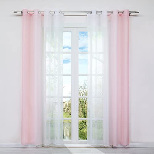 HongYa 2er-Pack Farbverlauf Gardinen Transparenter Voile Vorhänge Schals mit Ösen H/B 145/140 cm Rosa