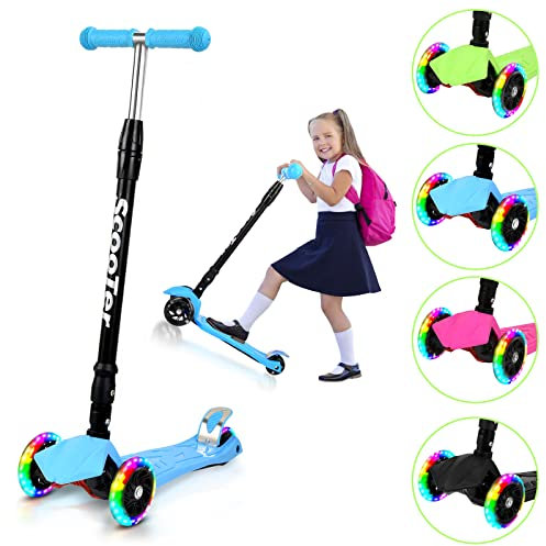 Yakimz Roller Kinder Scooter, Höhenverstellbarer Kinderroller, 3 LED Leuchtenden Räder Faltbar Kinderscooter, Hinterbremsen, Jungen und Mädchen für Kinder Roller ab 3-14 Jahre, Blau