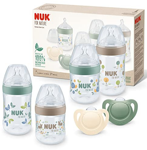 NUK for Nature Perfect Start Baby Bottle & Dummy Set | 0-6 Months | 100% Natural Raw Materials | 4 x Bottles (150 ml & 260 ml) | 2 x Silicone Soothers | BPA-Free | 6 Count