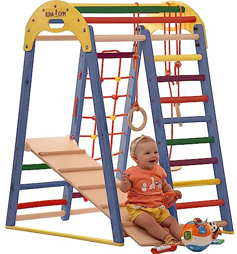 Kletterdreieck Indoor-Spielplatz aus Holz für Kinder - Kletternetz, schwedische Leiter, Ringe, Rutsche - Ideal für 1 bis 5 Jahre - Trägt bis zu 60 kg