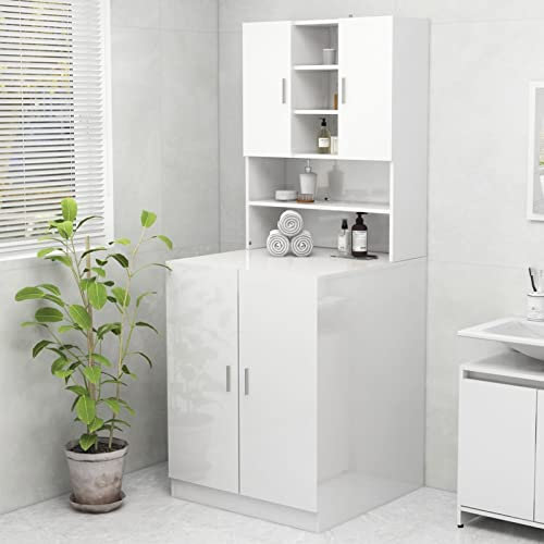 LAPOOH Armario de Lavadora, Mueble para Lavadora, Armario De Cuarto Baño, Estanteria Lavadora, Organizador Lavadora, Blanco Brillante 70,5x25,5x90 cm