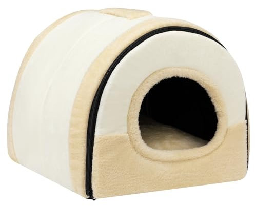 Hollypet Katzenbett Kleines Hundebett, 2-in-1 Faltbare Haustierbett für Katzen & Kleine Hunde, Warmes Höhlennest Kristallsamt-Katzenhöhle Indoor Outdoor, Beige