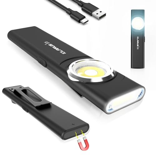 klarus E5 USB C Wiederaufladbare Klein Taschenlampe,COB-Arbeitsleuchte, 600 Lumen, flache Mini Taschenlampe mit Magnetfuß und Schnallenclip. Geeignet für Wartung, Camping, Wandern, Notfall usw