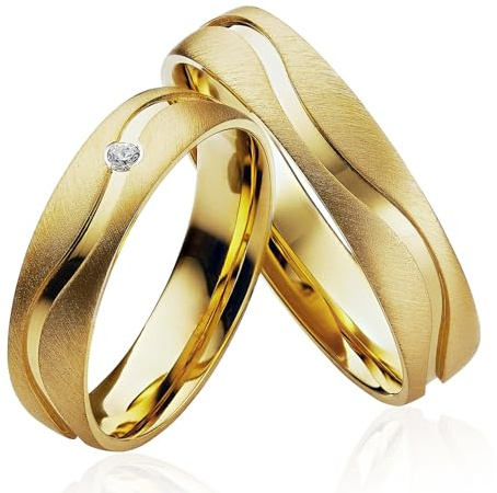 JC Trauringe aus 925 Sterling Silber Gold Plattiert Paar-Preis mit kostenfreier Gravur Partnerringe Verlobungsringe 4,5 mm breit inkl. Etui-Box Herren-Ring ohne & Damen-Ring mit Zirkonia-Steinen P903