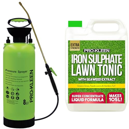 Pro-Kleen Liquid Iron Sulphate Ferrous Conditioner 5L - Fertiliser, Grass Greener & Turf Hardener with 8L Garden Pump Sprayer – Prevents Lawn Disease for Healthier Grass