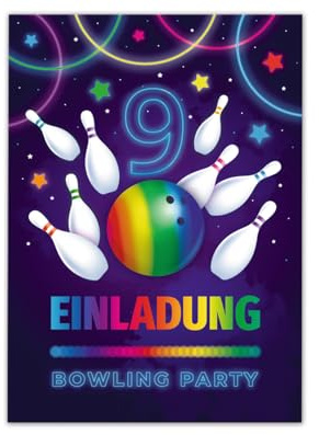 Junaversum 12 Einladungskarten zum 9. Kindergeburtstag Bowling Kegeln Jungen Mädchen Einladungen neunte Geburtstag Kinder