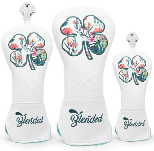 BAIRBRE Golf Club Covers White Lucky Clover Golf Head Covers Driver Covers Fariway Wood Headcover Hybrid Covers Leather Golf Headcover with Number Tag for All Brand