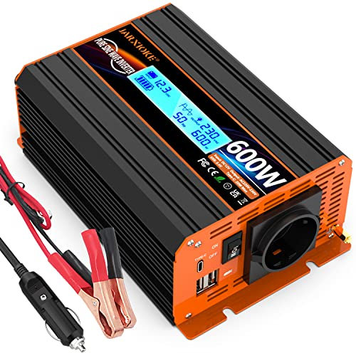 600W/1200W Wechselrichter 12v auf 230v Reiner Sinus Spannungswandler Power Inverter Umwandler Stromwandler mit EU-Steckdose LCD Digital Anzeig Konverter