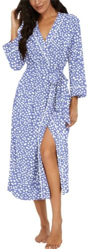 PrinStory Badrockar för kvinnor, lätt kimono, kläder, 3/4 ärmar, damer, morgonrockar, långa nattkläder, ledig, loungewear, basturock, Spot blå, XL